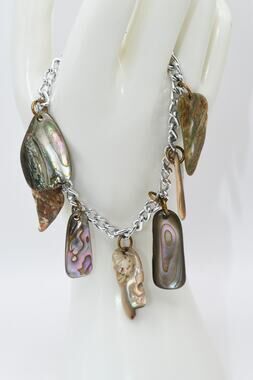 Vintage W Germany Abalone Charm Bracelet Eloxal Silver Tone 7.5 Inch